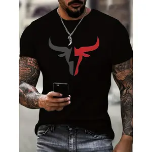 [100% Cotton] Cotton Short Sleeve  T-Shirt Men'S Bull Graphic Print T-Shirt, Casual Short Sleeve Crew Neck Tee, Men'S Clothing For Summer Outdoor T-Shirt For Men And Women
