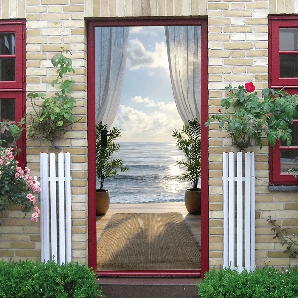 2pcs Stereo Simulation Sea View French Window Wall Sticker Self Adhesive Removable Mediterranean Style Ocean Landscape Decal for Living Room Bedroom Background Wall Decoration