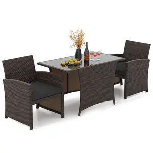 COSTWAY - 3 Piece Patio Wicker Dining Set with Rectangle Tempered Glass Dining Table-Brown