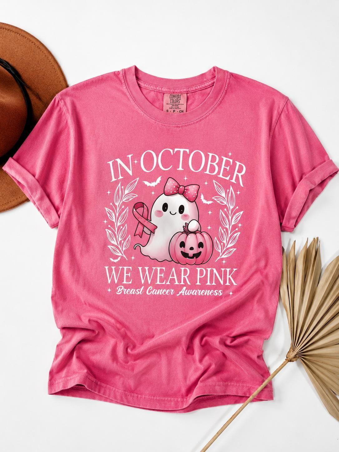 Women’s Comfort Colors Loose Short-Sleeve Tee – Breast Cancer Awareness Pink Ribbon Ghost Graphic, Halloween Support Gift, TrendWear USA Fabric, Round Neck, Vintage Casual Everyday Top , By The Mug Club