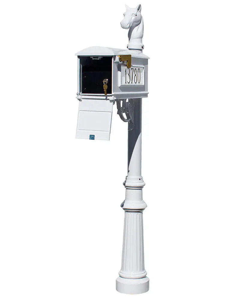 Mailbox Locking Insert Post System with Fluted Base - Horsehead Finial & 3 Cast Plates - White