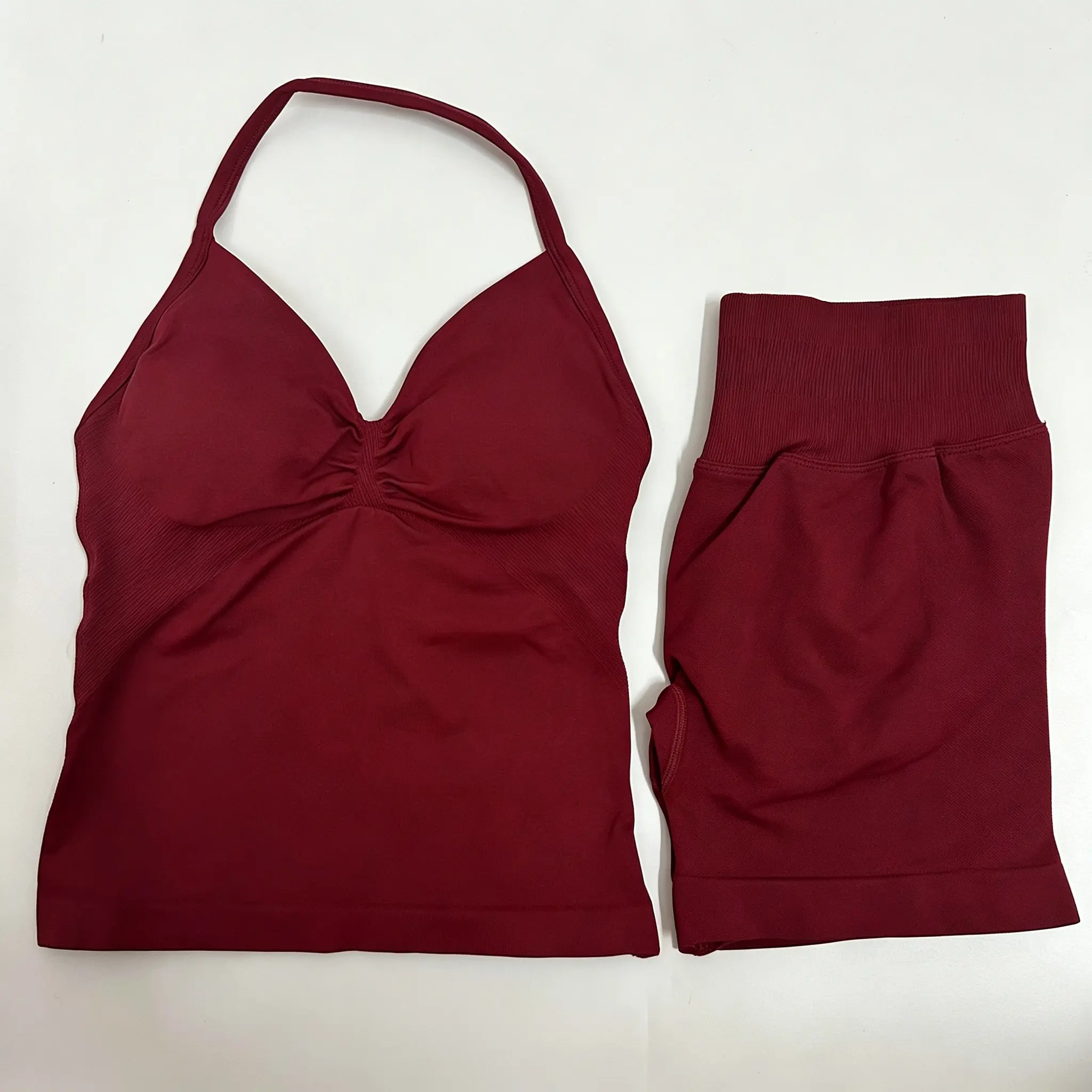 Women's Impact Seamless 2-Piece High-Waisted Scrunch Shorts Set - Padded Halter Sports Bra for Workout (Sports & Outdoor Clothing)
