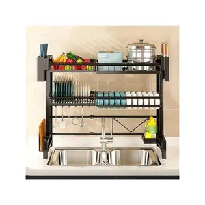 1pc Countertop Dish Storage Drainage Rack Expandable Kitchen Sink Shelf Dish Rack Drainer Black Kitchen Organizer