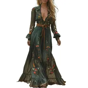 VintagePatternPrintedLongSleevedWomen'sDressCasualV-neckHighWaistPleatedAutumnDressElegantLooseBohemianDresses