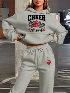 Autumn Winter Hooded Sweatshirt Set, Cheerleader Element Decor, Casual Fitted Graphic Tee, All-Season Comfort