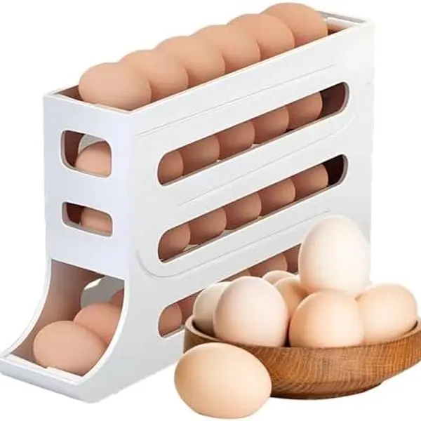 Automatic Rolling Egg Storage Organizer 4-Tier Space-Saving Fridge Holder for 28 Eggs White PP Plastic Kitchen Cabinet Refrigerator Tray