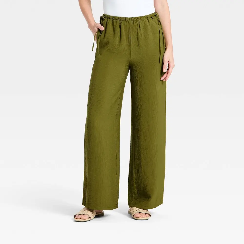 Women's Low-Rise Modern Gauze Side-Tie Pants - A New Day Olive Green L