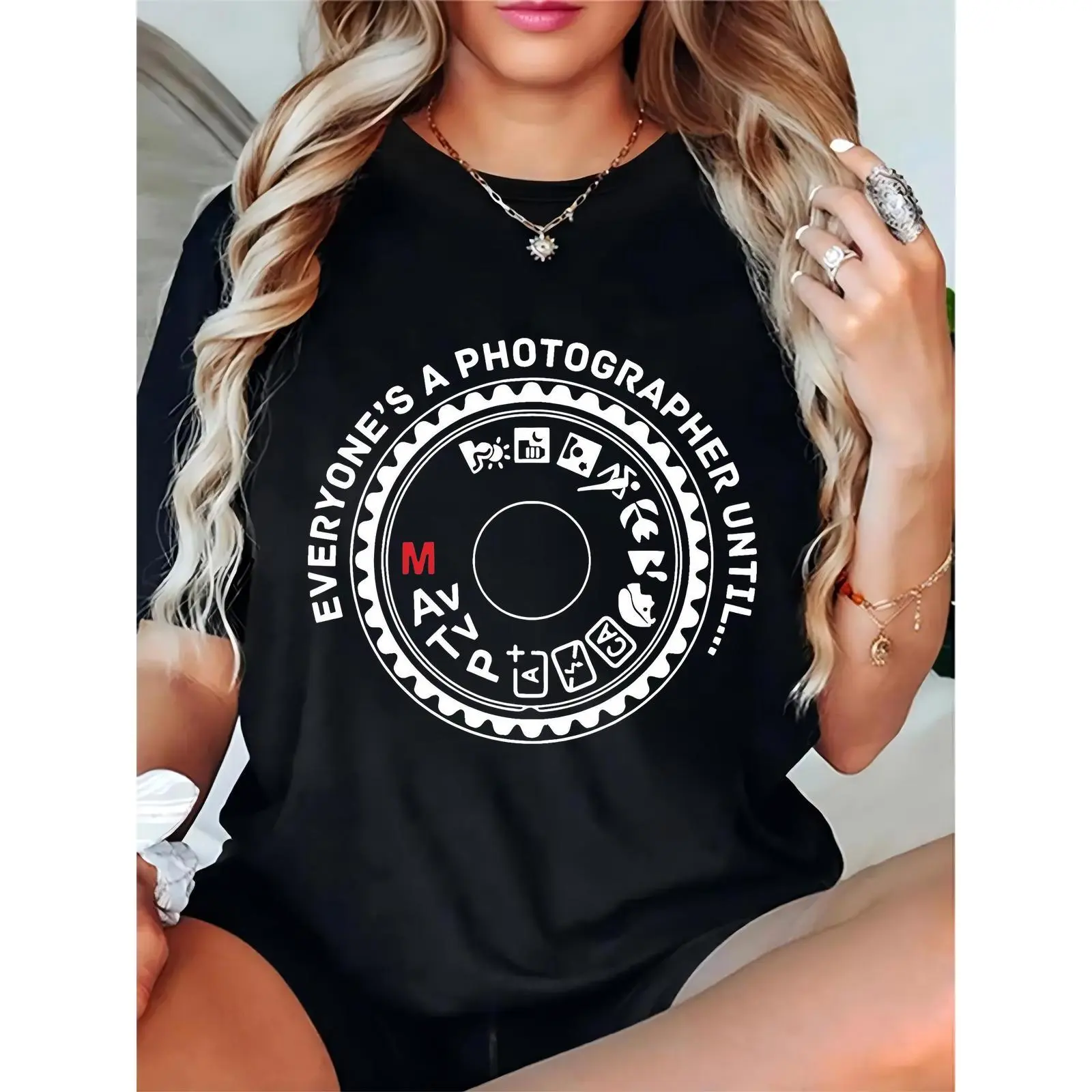 Women's Black T-Shirt with Photography Icons (Camera Modes) & "Everyone's a Photographer Until..." Slogan - Casual Outfit for Photographers, Daily Wear, Photography Events, Basic, Shortsleeve, Prints, Comfortable, Cotton, Elegant, Day, Feminine, Essential