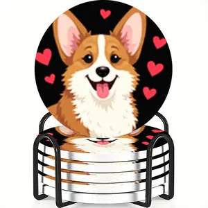 6-Piece Cartoon Corgi Coaster Set, Ceramic Non-Slip Heat Resistant, Ideal for Coffee & Drink Home Decor, Perfect Birthday or Holiday Gift