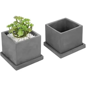 5-inch Dark Gray Cement Cube Planters with Removable Trays, Set of 2