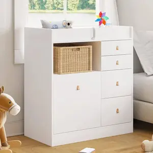 FUFU&GAGA Baby Changing Table Dresser with 5 Drawers & Shelf, 2 in 1 Nursery Dresser Chest for Infants w/Changing Station, Changing Pad, Storage Changing Station Dresser, White