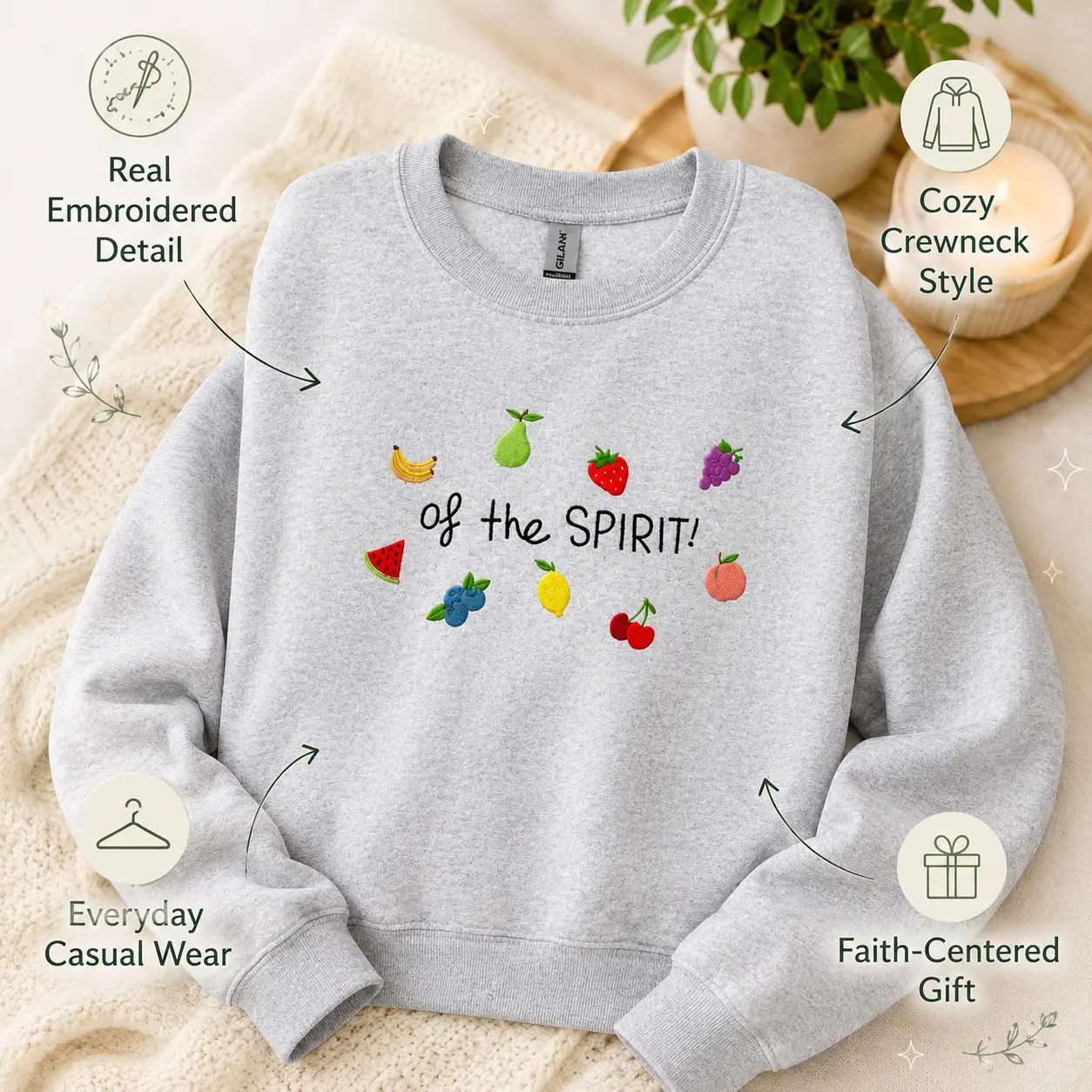 Fruit of the Spirit Embroidered Sweatshirt for Women, Christian Faith Crewneck, Bible Study Church Gift