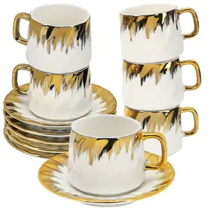 6-Piece 100ml Turkish Ceramic Coffee & Tea Cups with Saucers - Elegant White Espresso, Cappuccino Cups, Ideal for Home, Cafe Use, Great Gifting Kitchen Drinkware Set