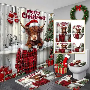 Christmas Highland Cow Bath Curtain Set, Waterproof Bathroom Decor with Tree Design, Includes Hooks, Mats & Toilet Lid Cover, Shower Curtain Set