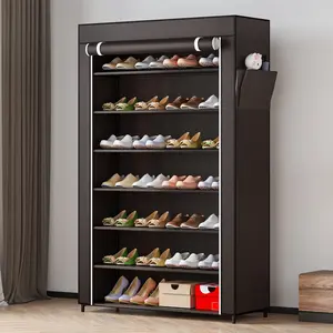 7-Tier Shoe Rack Storage Organizer 42 Pairs Portable Double Row with Dustproof Cover Non-Woven Shoe Storage Cabinet (Coffee) Metal storage rack