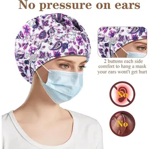 4Pcs Scrub Caps for Women Nurse Surgical Hats Adjustable Satin-Lined Working Cap with Sweatband and Buttons