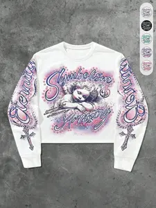 Unisex Short Round Neck Sweatshirt, Gothic Angel Print, Symbolism Artistry, Cross Decoration, Soft Comfortable Fabric, Street Style