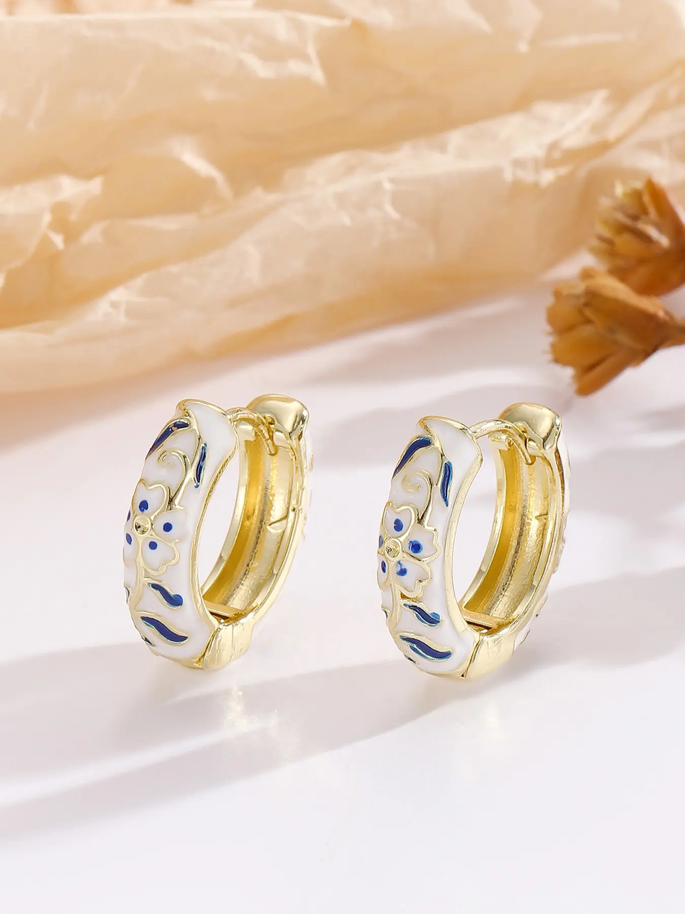 Women's Elegant Copper Earrings, Blue Enamel Floral Design, All-Season Jewelry Accessory, Fashionable Ear Cuffs for Women, Charming Flower Pattern, Dainty Lightweight Hoops, Hoop Shape Earrings, Circle Shape Earrings, Stylish Jewelry