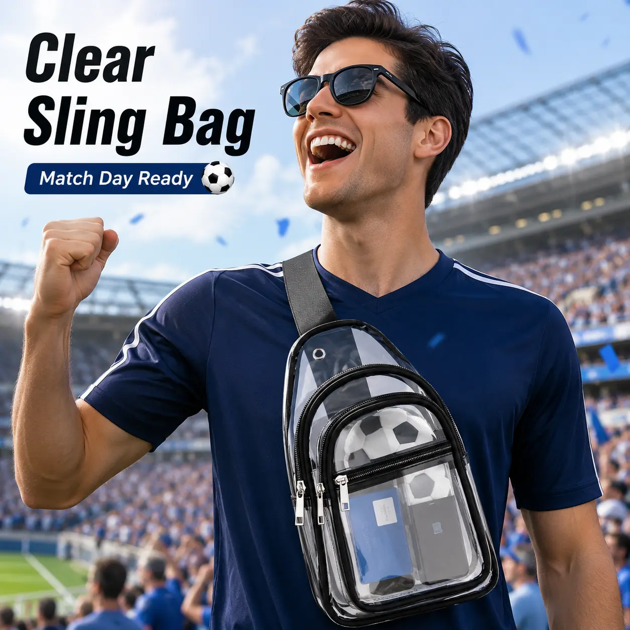 Clear Sling Bag for Stadium Events, Transparent Crossbody Chest Bag with Adjustable Strap, Zipper Pockets for Soccer Match Day, Concerts, Festivals, Travel