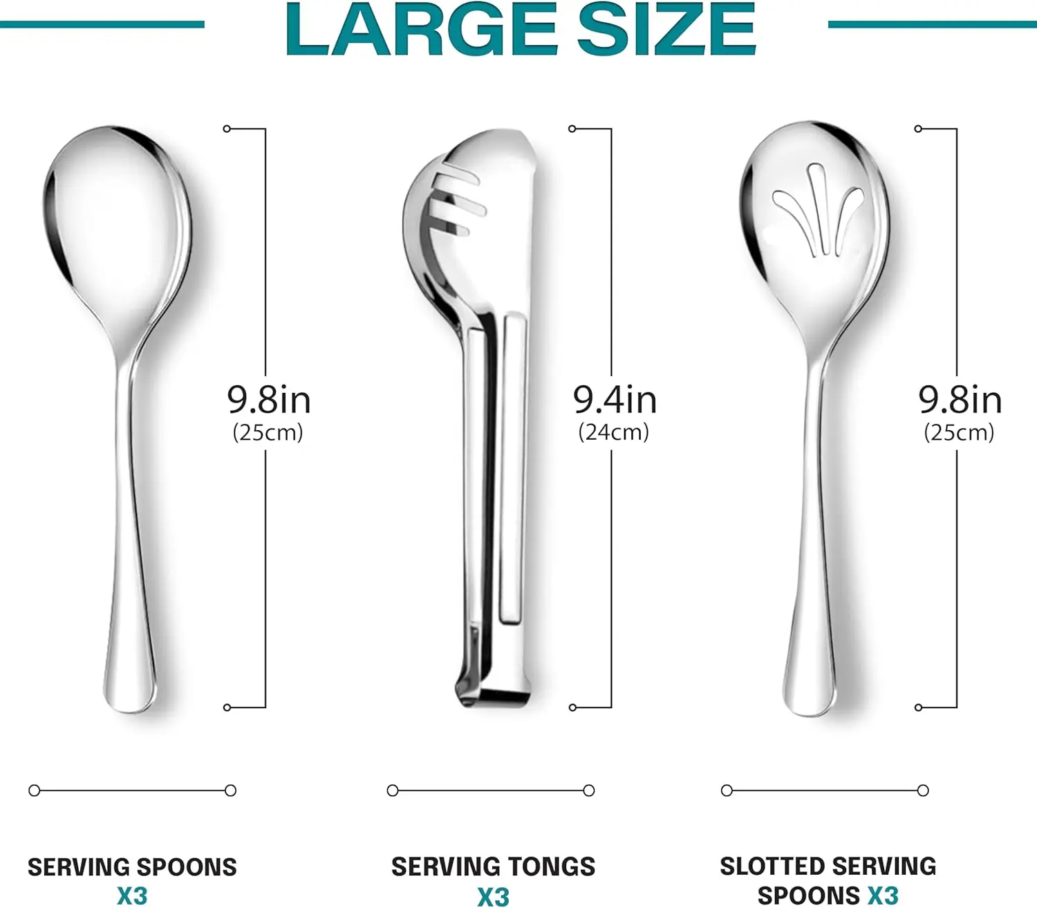 9-Piece Stainless Steel Large Serving Cutlery & Tableware Set - Lightweight, Smooth-Finish Slotted Spoons, Tongs, Serving Spoons for Buffet, Rust-Resistant, Easy-to-Clean Silver Utensils, Stylish