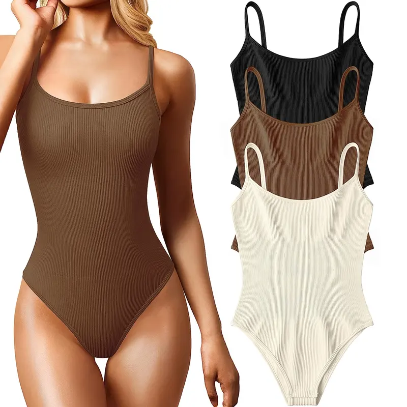 Women's 3 Piece Bodysuits Sexy Ribbed Sleeveless Adjustable Spaghetti Strip Tops Shapewear BodysuitsSeamless Covered Bust Jumpsuit Thong BodysuitBodysuits Sexy Ribbed Sleeveless Adjustable Spaghetti Strip Tops Shapewear Bodysuits