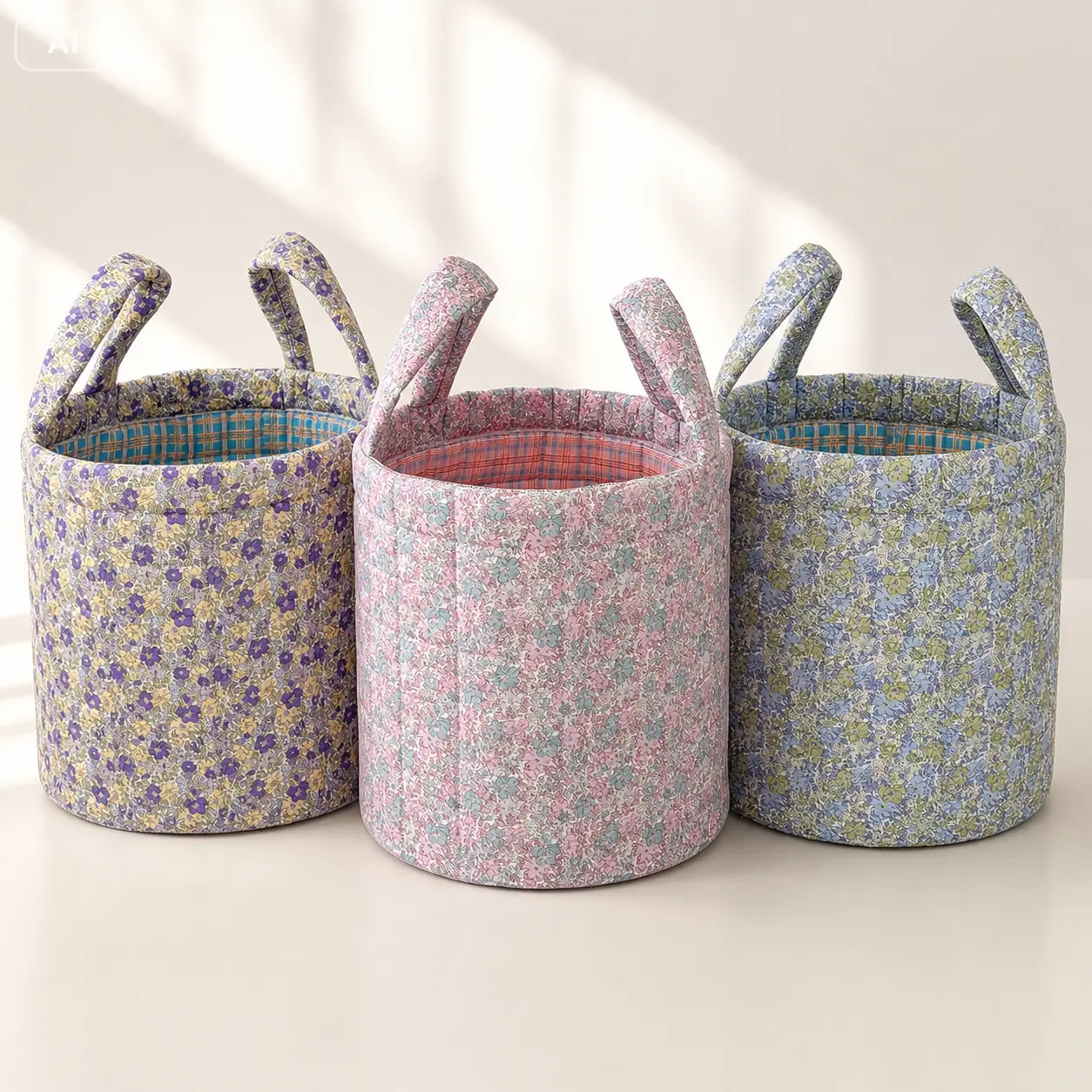 Women's French Vintage Floral Round Quilted Fabric Storage Basket - Large Home Organizer for Clothes, Toys, Room Decor with Retro Look, Flowers Accent, Throw Pillow Compatibility, Throw Pillows, Foldable