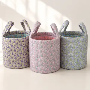 French vintage floral round basket storage bin — large quilted fabric dirty laundry basket for home clothing and toy storage