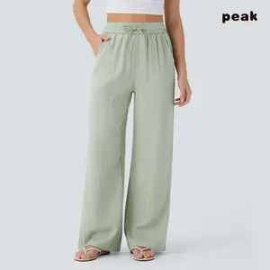 PEAK High Waisted Drawstring Pocket Wide Leg Casual Linen-Feel Pants