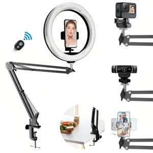 Phone Mount with 10" Dimmable Ring Light, LED Selfie Ring Light for Desk with Phone Holder and Remote Lamp Light, Adjustable Mechanical Arm for YouTube Tiktok Live Stream Cooking Video Recording Vlog, 1/4" for Camera, Universal For 4.7-7" Phone