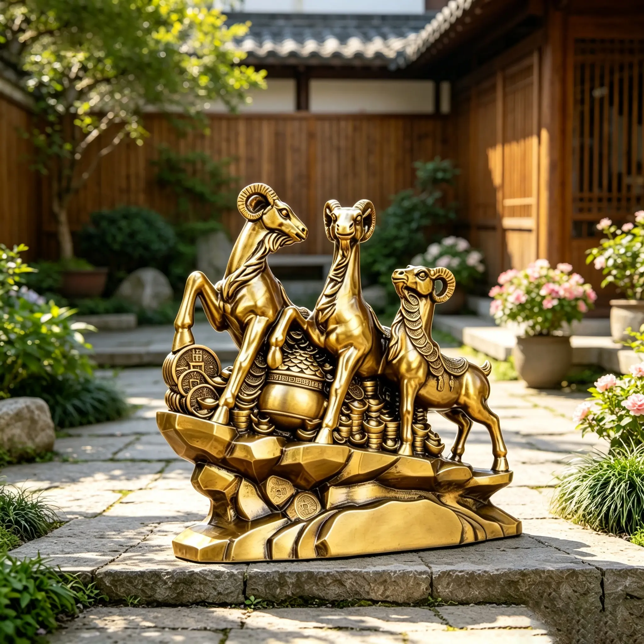 Imitation Bronze Three Sheep Resin Statue with Coins Treasure Bowl, Weatherproof Outdoor Sculpture Ornament for Garden Yard Lawn Villa Courtyard Landscape Decor