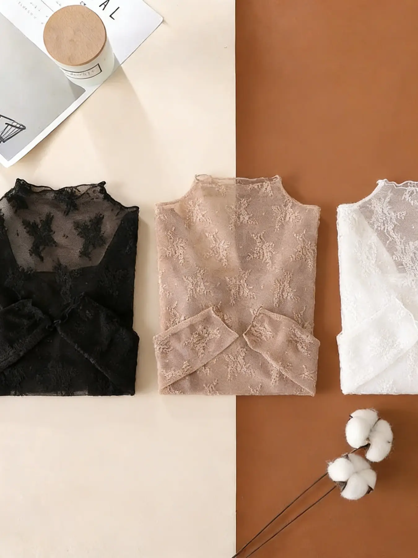 Women's 3pcs Long Sleeve Mesh Inner Layer , Sexy Sheer Design, Lace Base Layer, Top