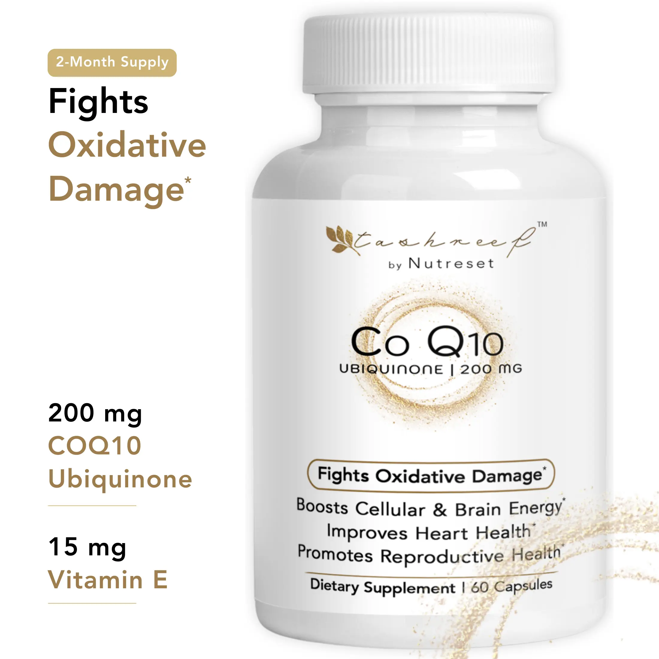 Tashreef CoQ10 200 mg Ubiquinone Softgels - Heart & Energy Support for Men & Women, Antioxidant Supplement with 15 mg Vitamin E, Non-GMO, Gluten-Free, Halal-Certified