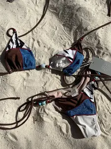 Women's Colorblock Bikini Set, Low-Waist Thin Strap Swimsuit, Fashionable Sexy Beachwear, Holiday Casual Spa Bathrobe