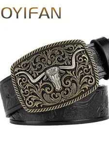 Men's Business Fashion Cow Head Decorated PU Leather Belt, Casual Western Style Buckle Belt for Jeans Trousers, Daily Clothing Decoration, Western Concho Belts
