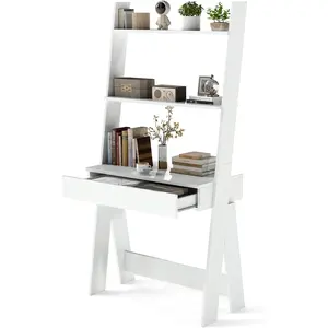 【Limited time deal】BM-CYW  Ladder Desk with Countertop & Drawer, Home Office Computer Laptop Table with Open Shelves & Anti-Tip Kits, Wall-Leaning Compact Working Station for Small Spaces (White)