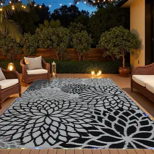 Outdoor Rug 9x12 ft with LED Light,  Reversible Outdoor Plastic Straw Rug for Patios Clearance, Large Outdoor Area Rug Carpet RV Mat for Camping Backyard Deck Porch Beach