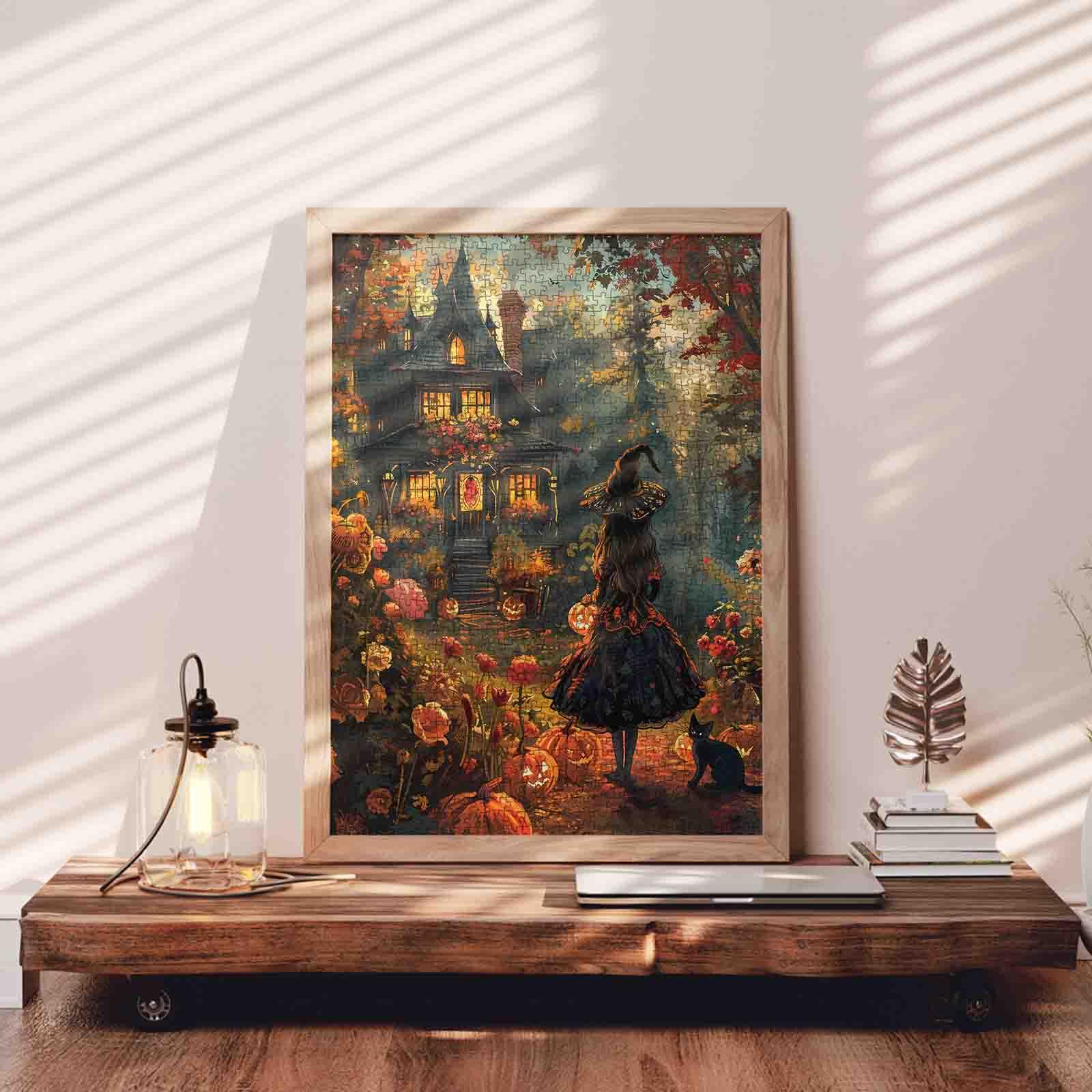 Tucocoo Gothic Halloween Cottage 1000 Pieces Jigsaw Puzzle Enchanted Witch House Autumn Pumpkin Garden Black Cat Fantasy Art for Adults, Family Game Night, Stress Relief, Relaxation, Brain Challenge, Wall Decor Gift for Women Seniors, 27.5x20inch(70x50cm)