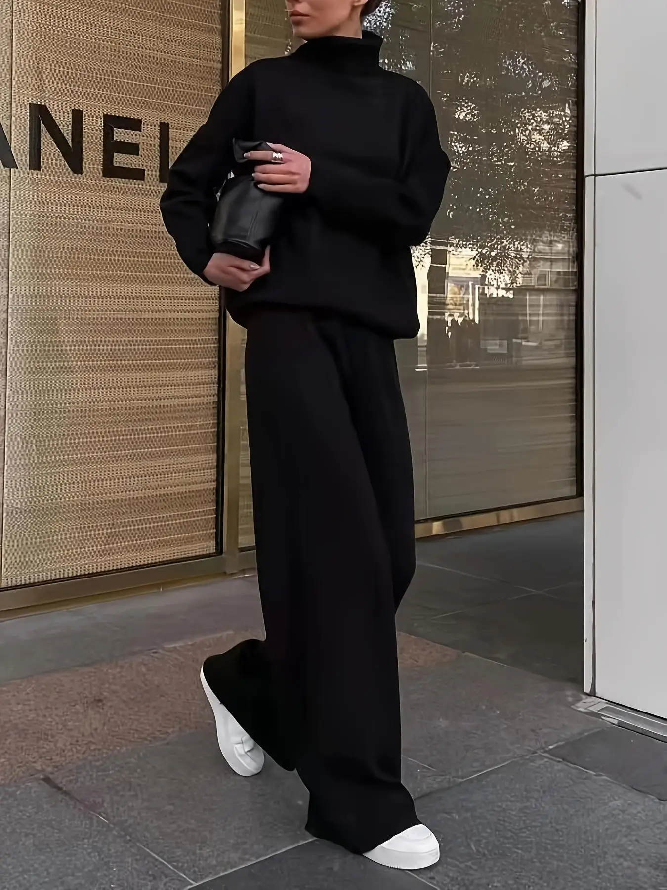 Women's Solid Turtleneck Tops & Wide Leg Pants Set, Casual Fashionable Cozy Long Sleeve Top & Trousers for Daily Casual Occasion Wear, Fall Clothes, 2