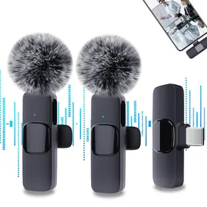 Wireless Lavalier Microphone with Fur Ball Windshield, USB Type-C Rechargeable Omnidirectional Smart Noise Cancellation Microphone for Live Streaming, Interviews, Audio
