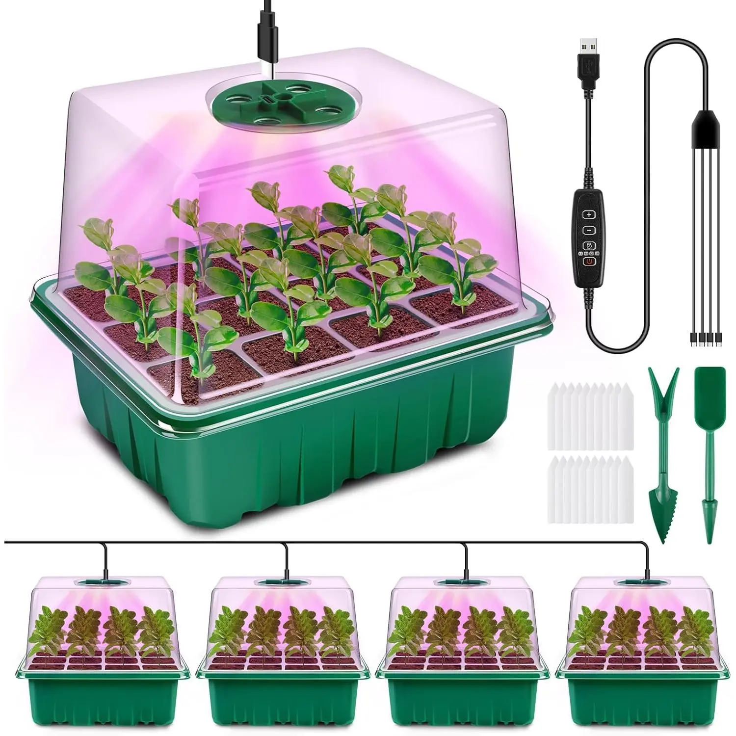 Seed Starter Tray with Grow Light, 4 Pack Seed Starter Kit with Timing Controller Adjustable Brightness, Thicken Seedling Starter Trays with Humidity Domes Heightened Lids,  Box