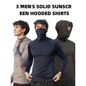 3 Pcs Men's Solid Sun Protection Hooded Shirt - Rash Guard Shirts Fishing Hiking Outdoor - Long Sleeve Stretch Active Wear With Mask Ultimate Comfort And Protection