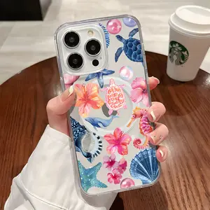 Turtle & Flower Pattern Clear Wireless Charging Protection Shockproof Slim Magnetic Phone Case For iPhone 16 15 Pro Max 14 13 12 11 X 17 Air 16E Ocean