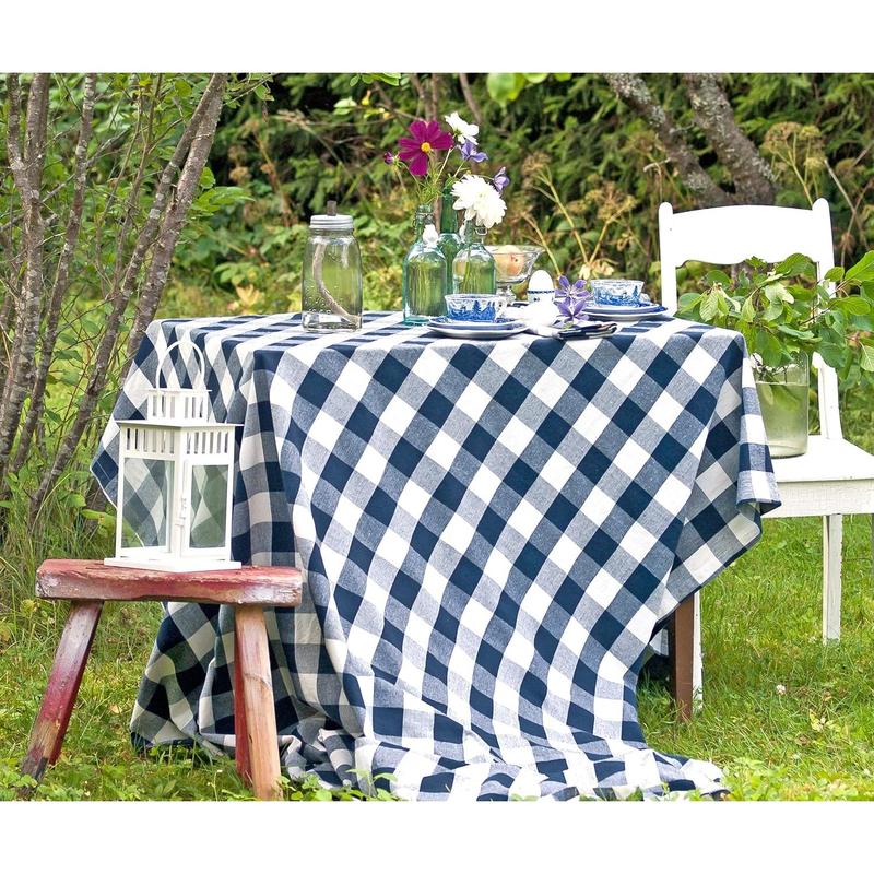 Navy Blue Cotton Tablecloth, 100% Cotton, Checkered Tablecloths, Farmhouse, Gingham Rectangle Tablecloth Heavy Duty Linen Checked Table Cover, Cloth Picnic Kitchen Dining 63x126 Navy and Cream