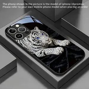 A new tempered glass phone case with a transparent white tiger design compatible with various iPhone models including the 17 series and earlier versions. It provides a stylish protective layer