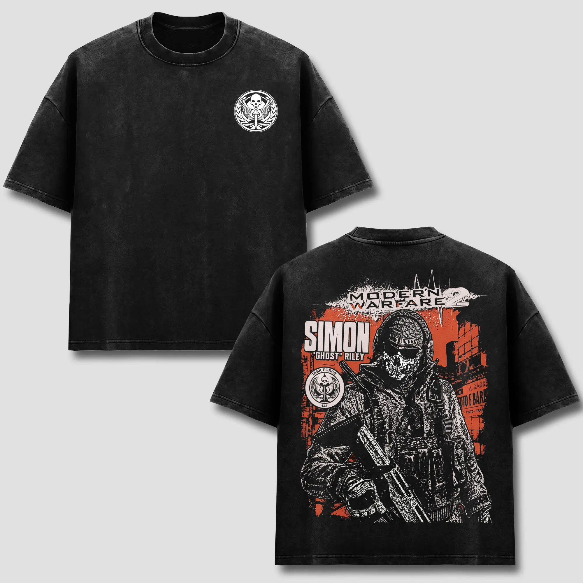 Simon Riley Ghost T-Shirt, Call of Duty MW2 TF141 Gaming Tee, Skull Mask Tactical Merch, Soldier Comic Graphic Apparel, Gamer Retro 90s Bootleg Sports Wear, Esports Fan Heritage Gift, Men Women Heavyweight Oversized Black Acid Wash Clothing