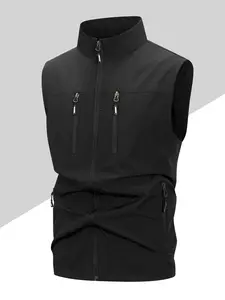 Men's Casual Utility Tank Top, Vest Top, Gilet, Polyester Multi-Pocket Sleeveless Jacket, Zipper Design, Suitable for Hiking & Outdoor Activities