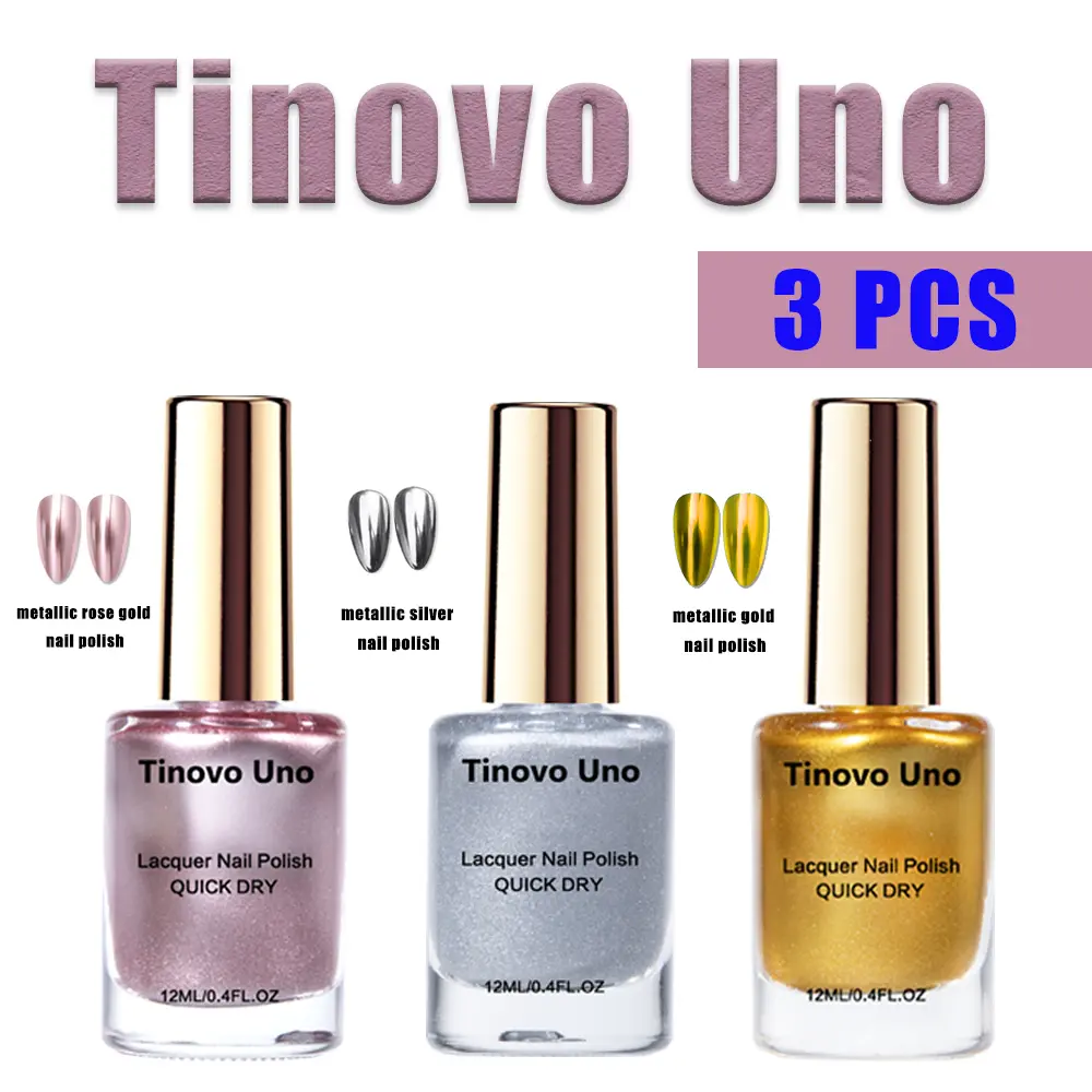 Tinovo Uno Metallic Rose Golden Silver Nail Polish Set of 3 Quick Dry 12ml Each Chrome Finish Salon Style Manicure Repair Cuticles US Local Shipping - Grape, Nail Art, Keratin