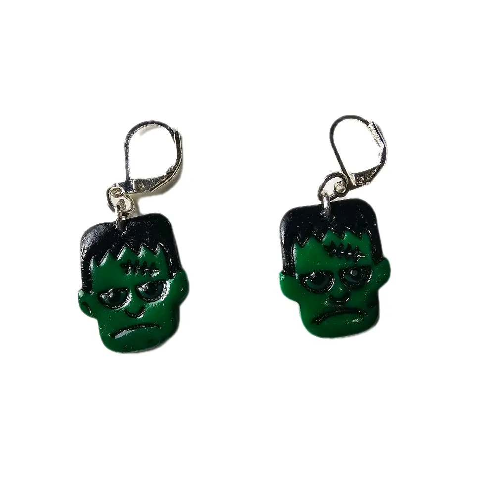 Halloween Zombie Head Earrings - Green and Black Design with Silver Hooks for Halloween Accessories