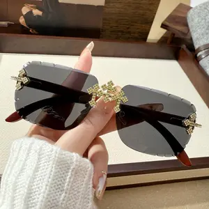 Women Frameless Lace Cut Edge Diamond Set Sunglasses Driving Fashion Eyewear UV400 Lightweight Decorative Lenses for Outdoor Use
