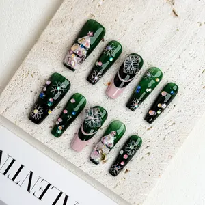 Glarein Nails | Frosted Evergreen – 10PCS Handmade Press-On Nails, Reusable & Salon Quality with 3D Christmas Tree, Snowflake & Rhinestones